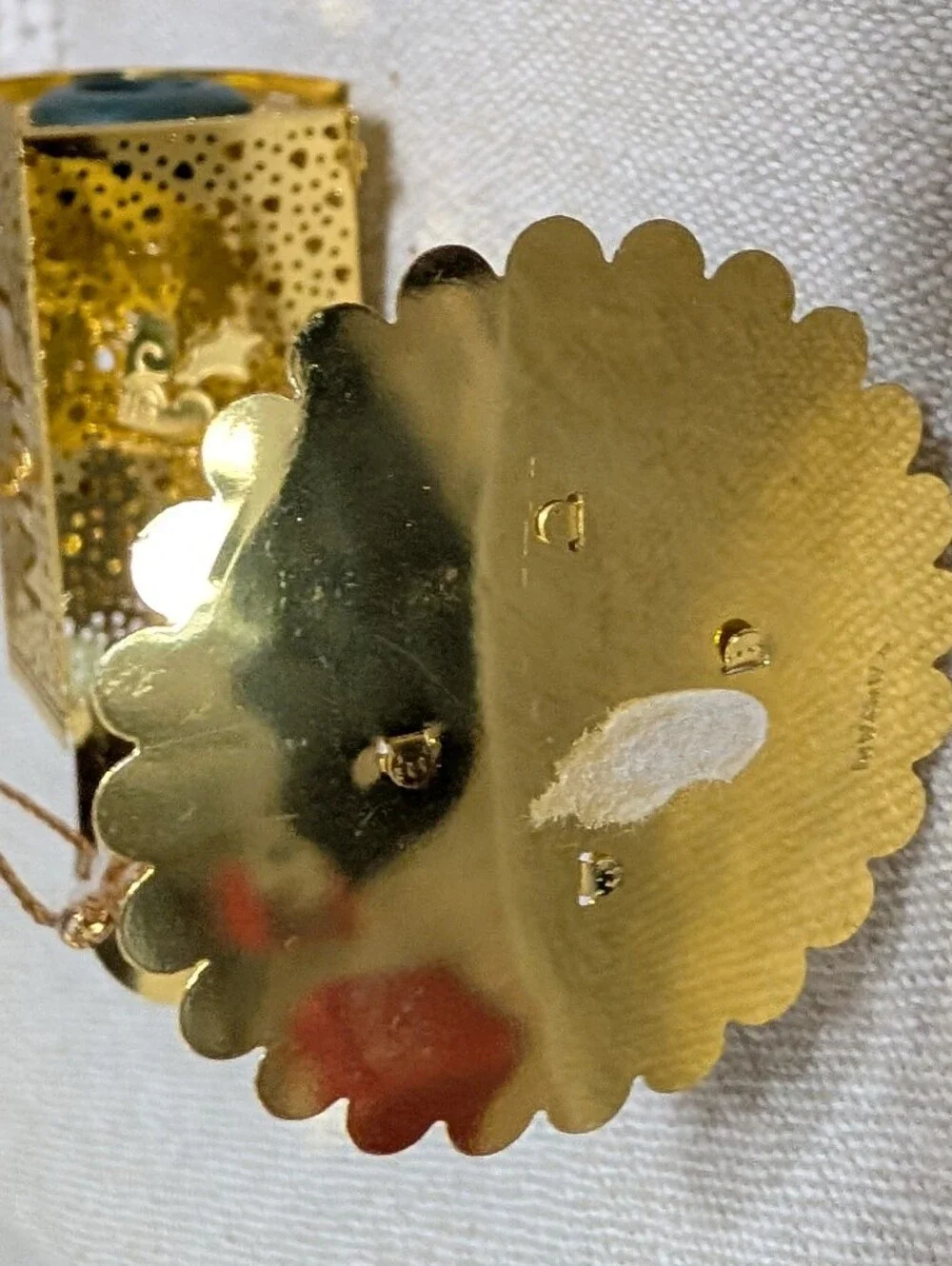 Vtg Christmas Ornament Gold Brass Metal Filigree Mailbox Shiny Santa Letter